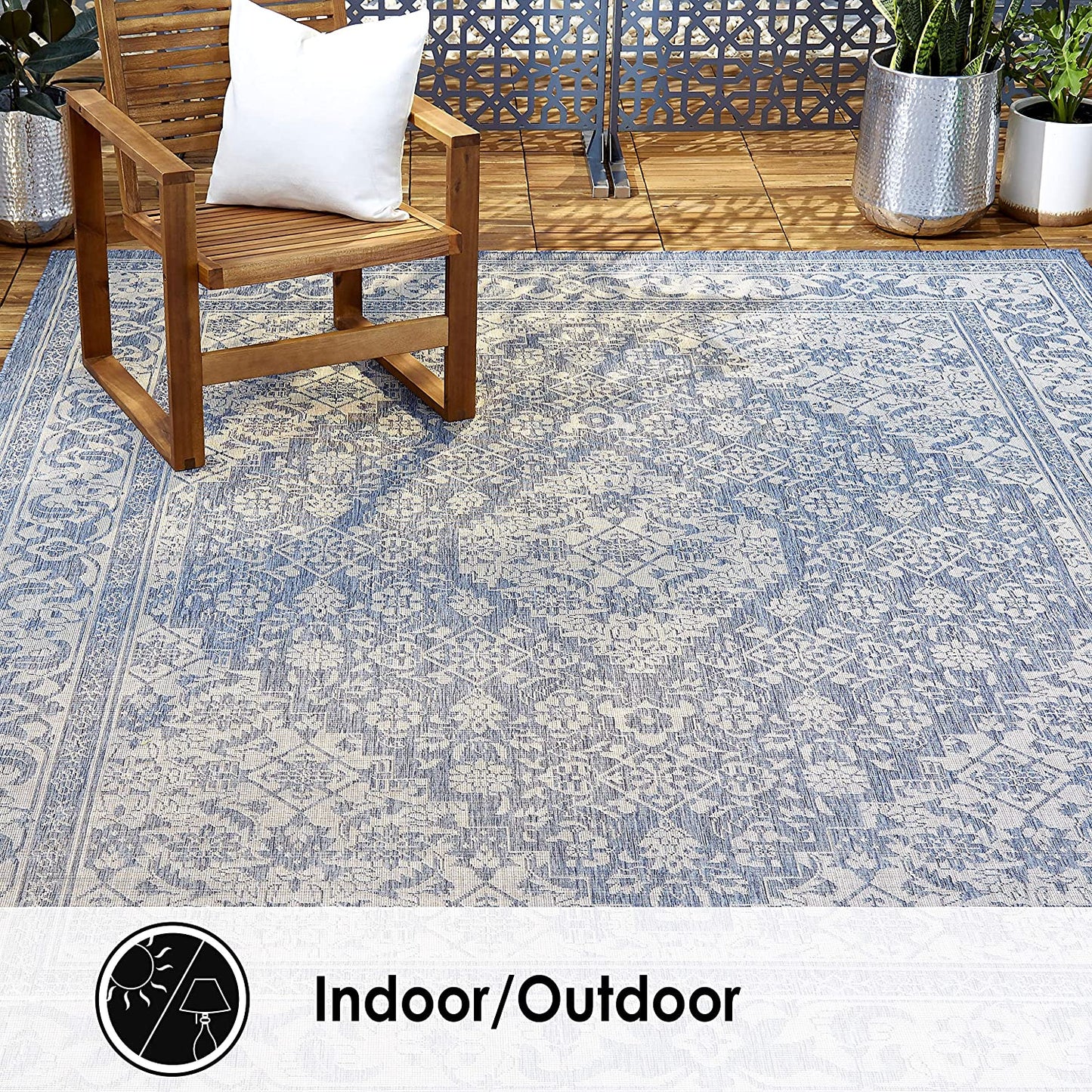 Dahlia Blue Grey Indoor/Outdoor Area Rug - UV/Weather Resistant