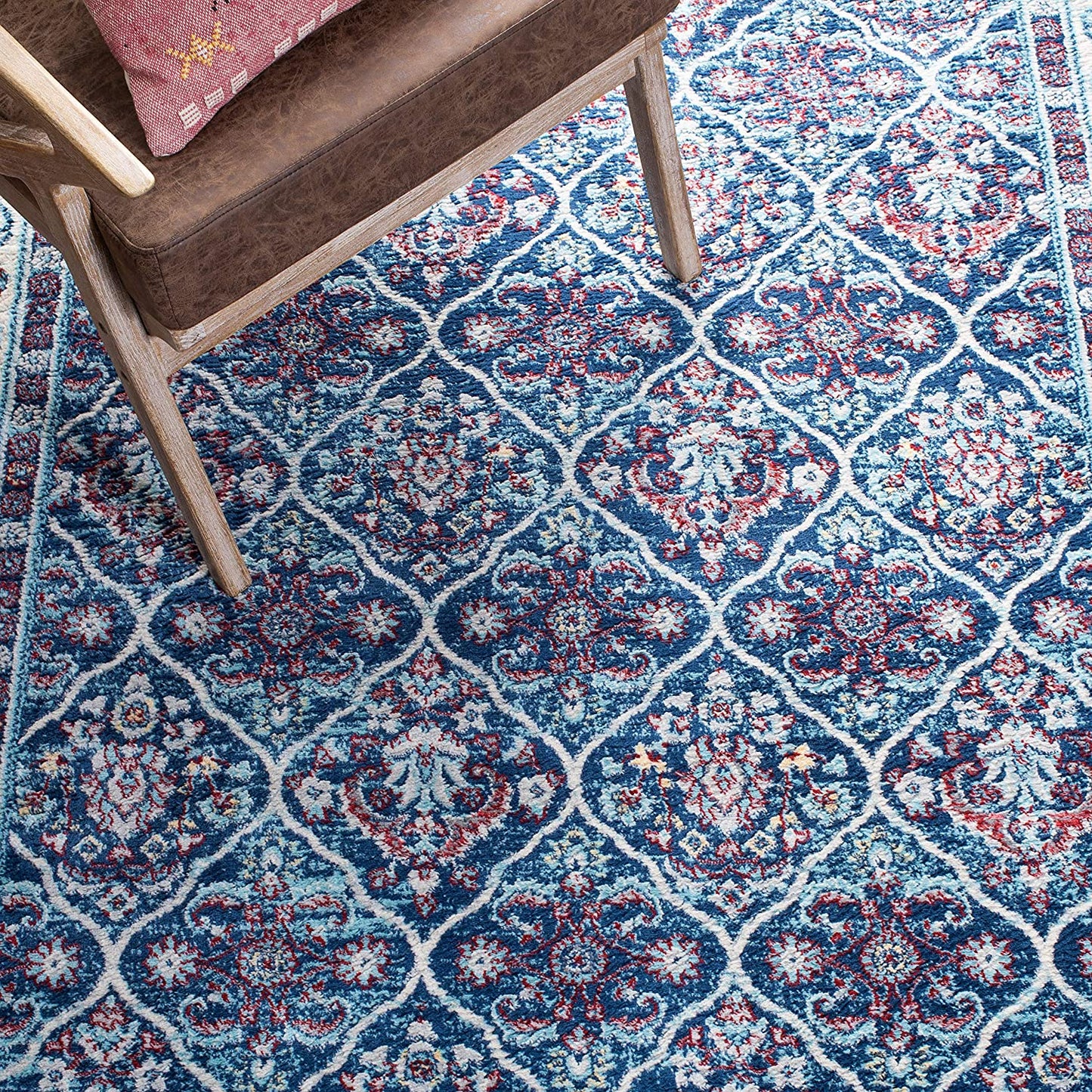 Damask Trellis Soft Area Rug, Navy / Red