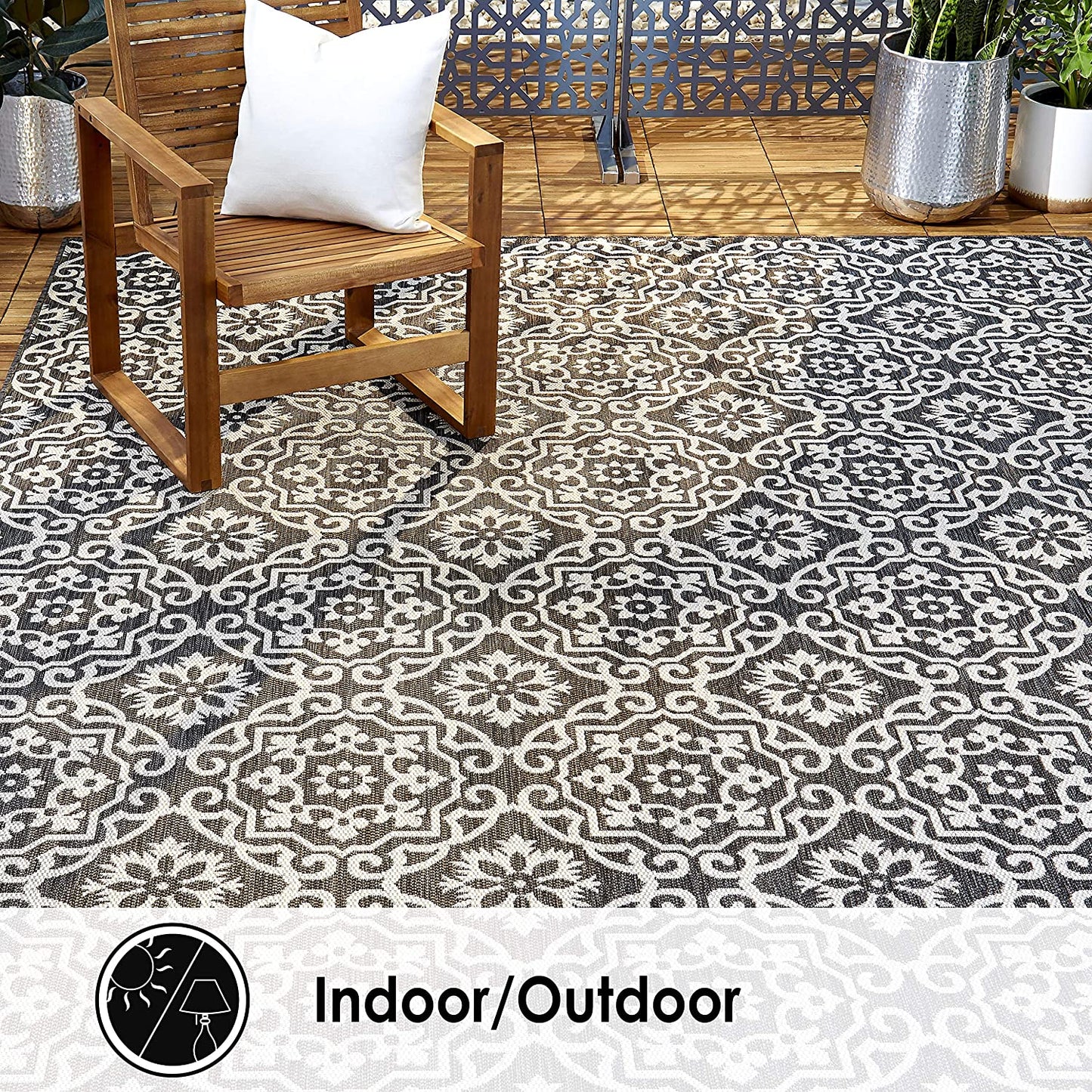 Damask Pattern Black Grey Indoor/Outdoor Area Rug - UV/Weather Resistant