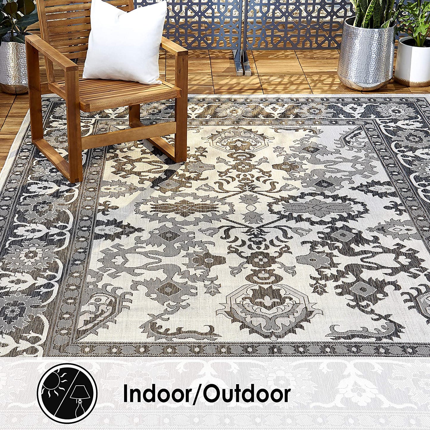 Floral Black Grey Indoor/Outdoor Area Rug - UV/Weather Resistant