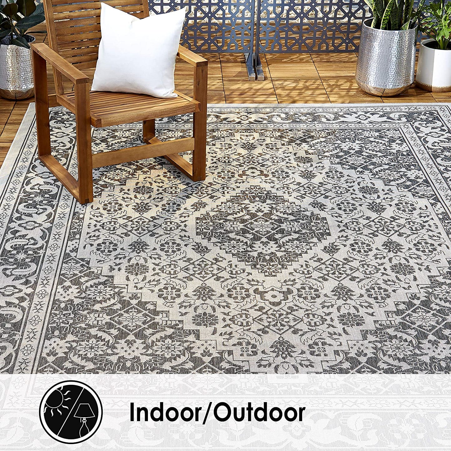Dahlia Black Grey Indoor/Outdoor Area Rug - UV/Weather Resistant
