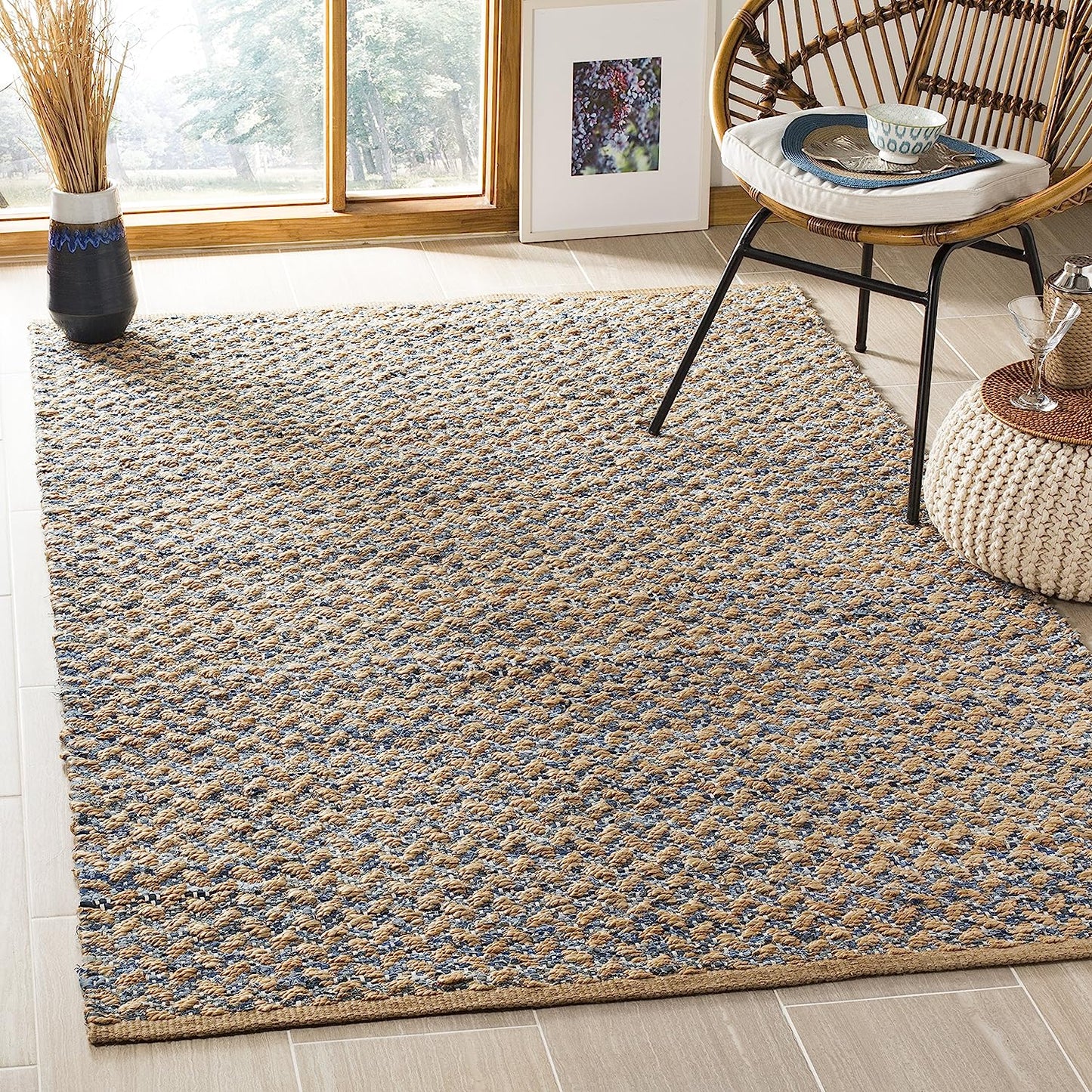 Cape Cod Collection Handmade Coastal Braided Jute Soft Area Rug Blue / Natural
