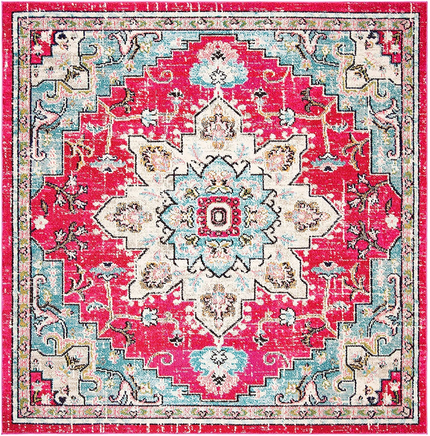 Boho Chic Medallion Distressed Soft Area Rug, Fuchsia / Blue