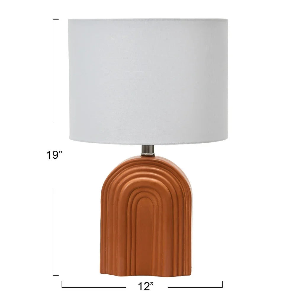 Carved Arch Stoneware Table Lamp with Linen Drum Shade