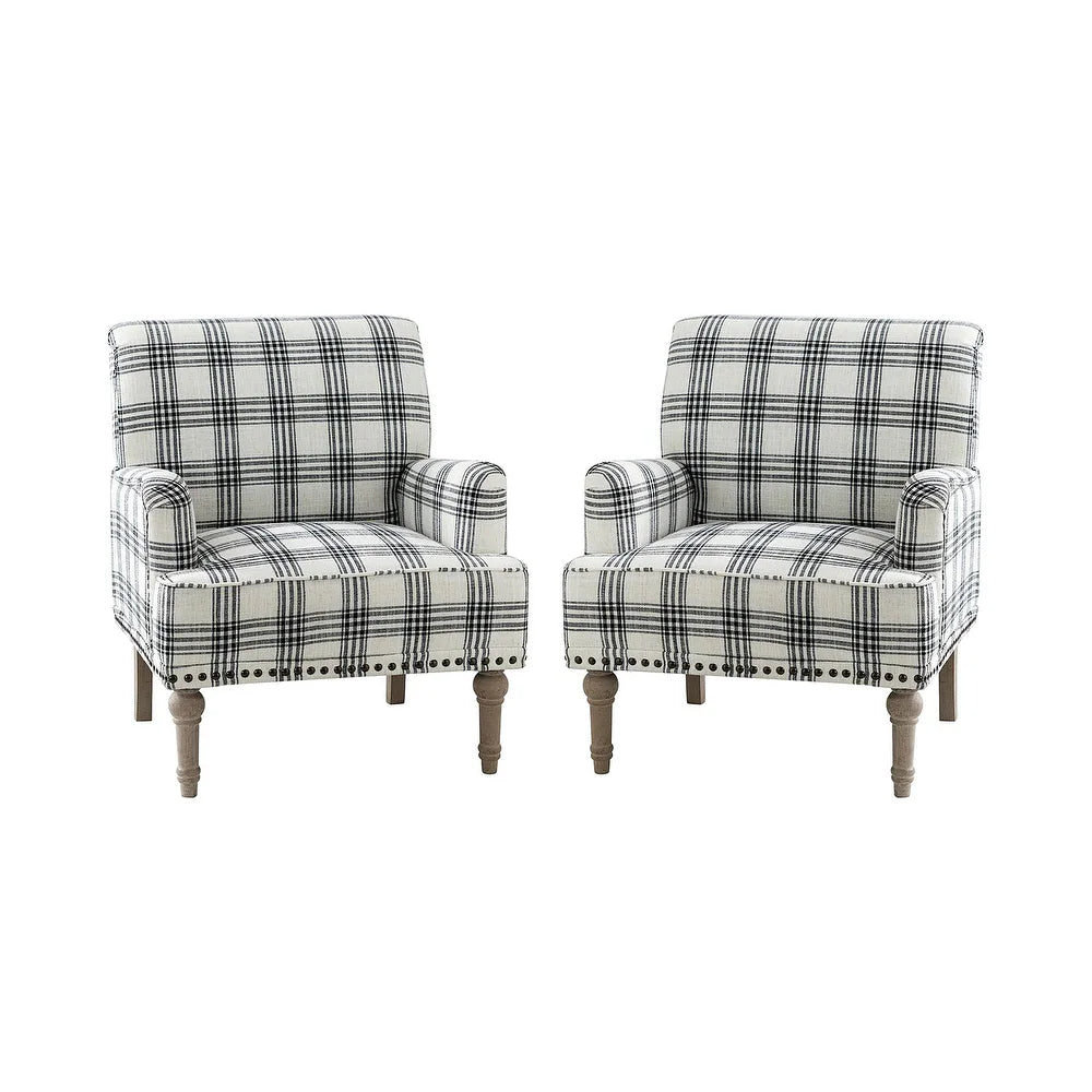 Geltrude Farmhouse Vintage Plaid Accent Armchair with Nailhead Trim Set of 2