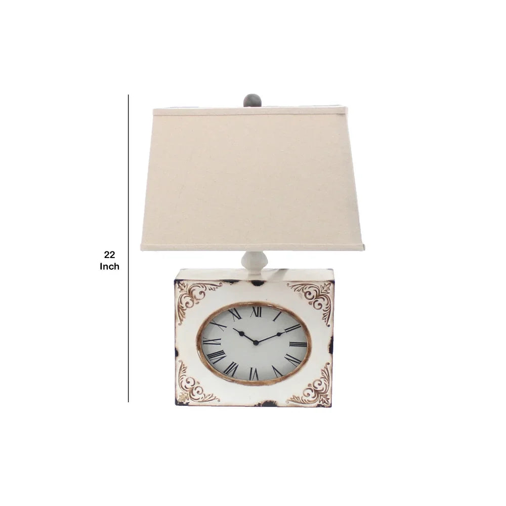 Clock Design Metal Table Lamp with Tapered Shade,White and Beige