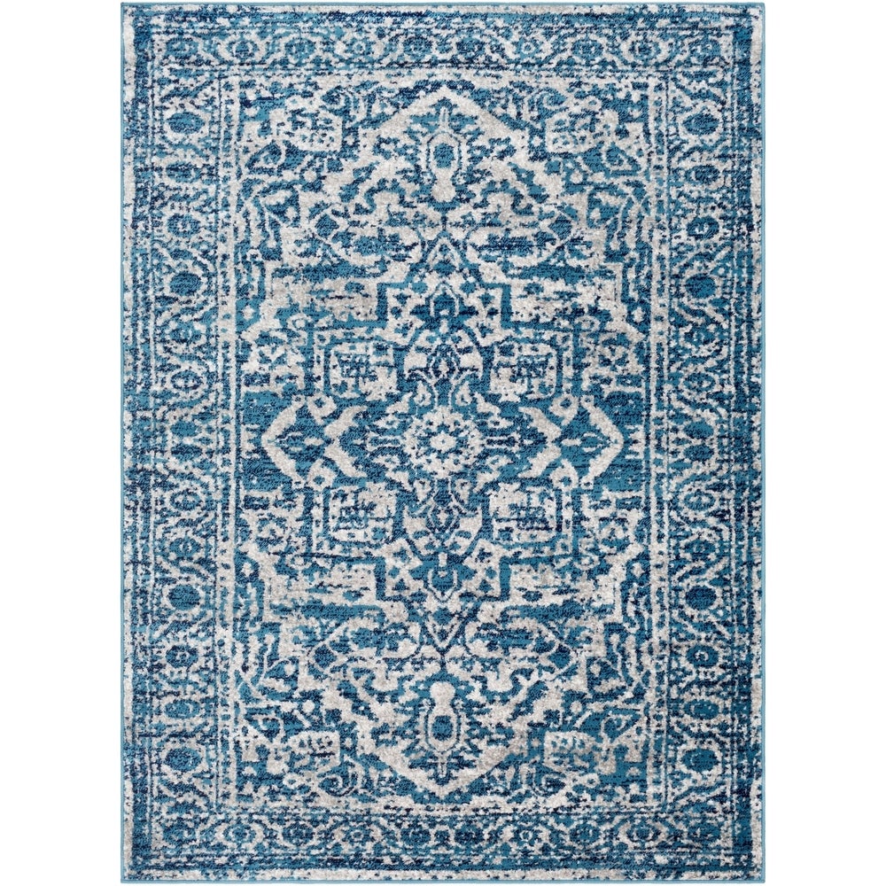 Distressed Persian Pattern Sky Blue Light Gray Soft Area Rug