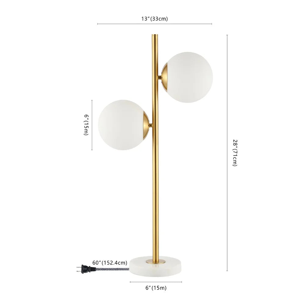 Dino 28" 2-Light Coastal Vintage Iron LED Table Lamp, Brass Gold/White