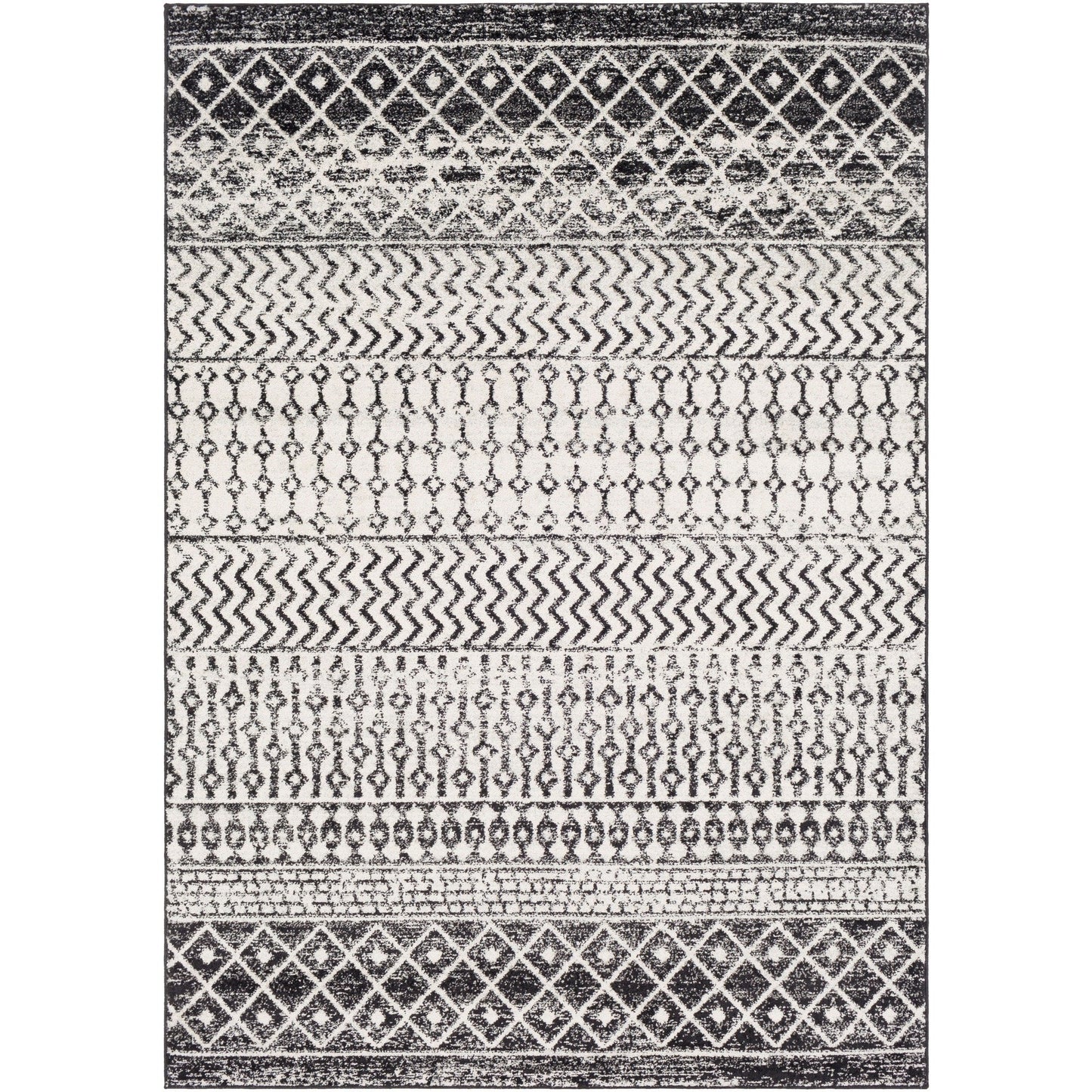 Distressed Geometric Black White Area Rug