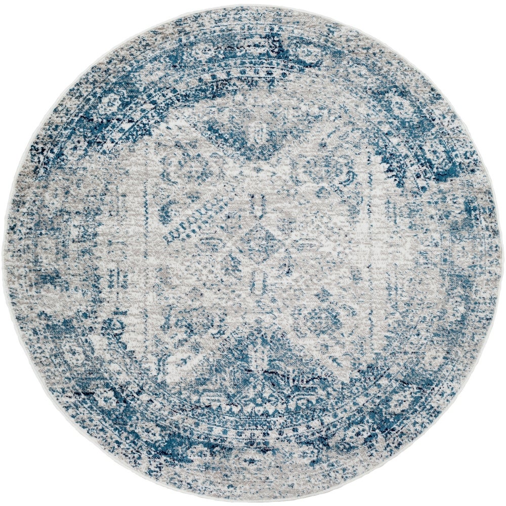 Distressed Persian Pattern Sky Blue Light Gray Soft Area Rug