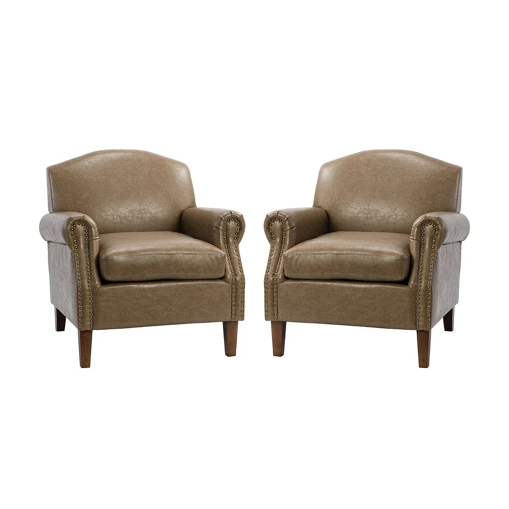 Giampiero Transitional Faux Leather Arm Chair with Nailhead Trim and Rolled Arms Set of 2