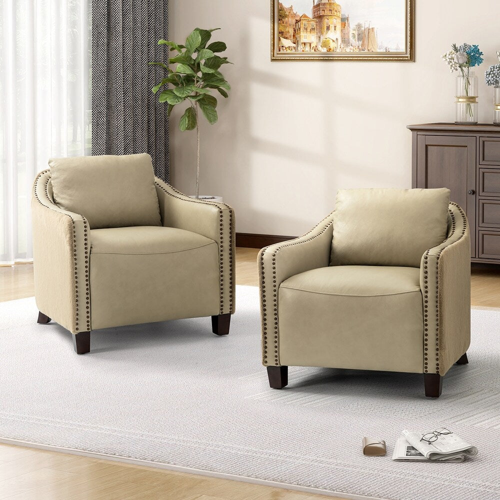 Retro industrial genuine leather barrel chair with nailhead Set of 2