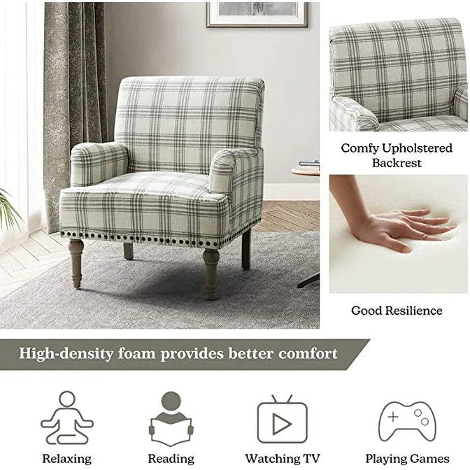 Geltrude Farmhouse Vintage Plaid Accent Armchair with Nailhead Trim Set of 2