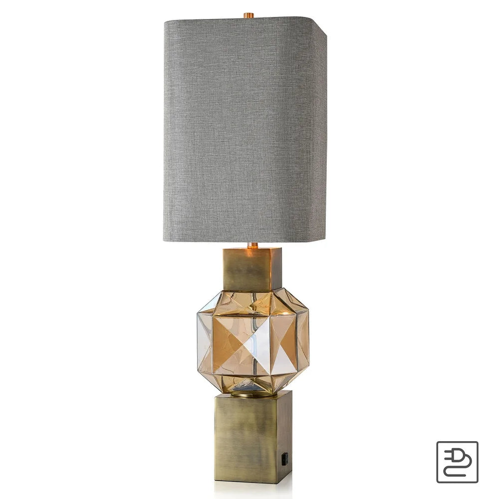 Harp & Finial Beverly Brass and Amber Table Lamp with Heathered Gray Shade