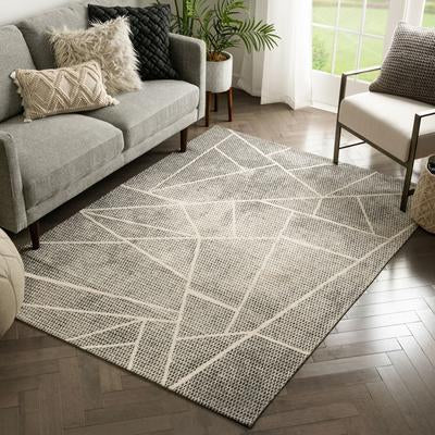 Modern Geometric Distressed Grey Kilim-Style Soft Area Rug