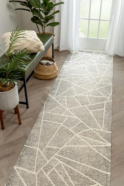 Modern Geometric Distressed Grey Kilim-Style Soft Area Rug