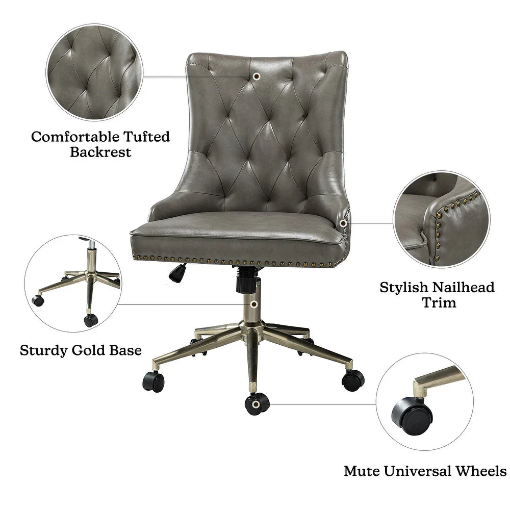 Leo Modern Leather Tufted Task Chair Nailhead Trim with Golden Base
