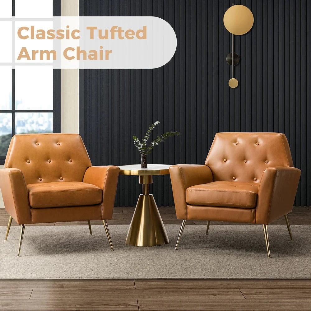 Lilia Classic Leather Button-Tufted Arm Chair with Gold Metal Legs Set of 2