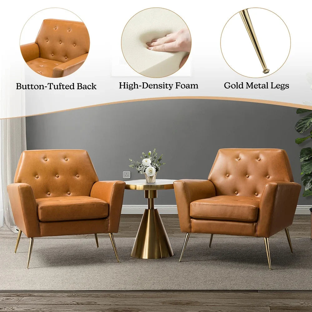 Lilia Classic Leather Button-Tufted Arm Chair with Gold Metal Legs Set of 2