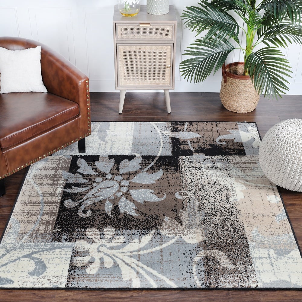 Floral Patchwork Design Brown Ivory Area Rug
