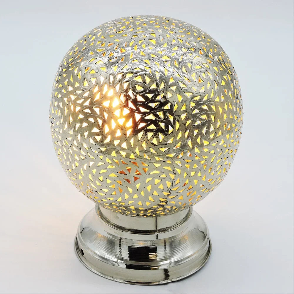 Moroccan Handmade Brass (Chromed) Table Lamp 11 x 9 Inches Silver Lighting. - Set Of 1