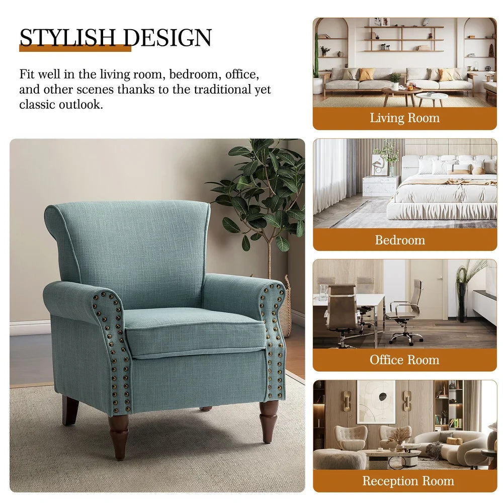 Nyctelius Upholstered Comfy Accent chair with Classic Turned Wooden Legs and Nailhead Trim