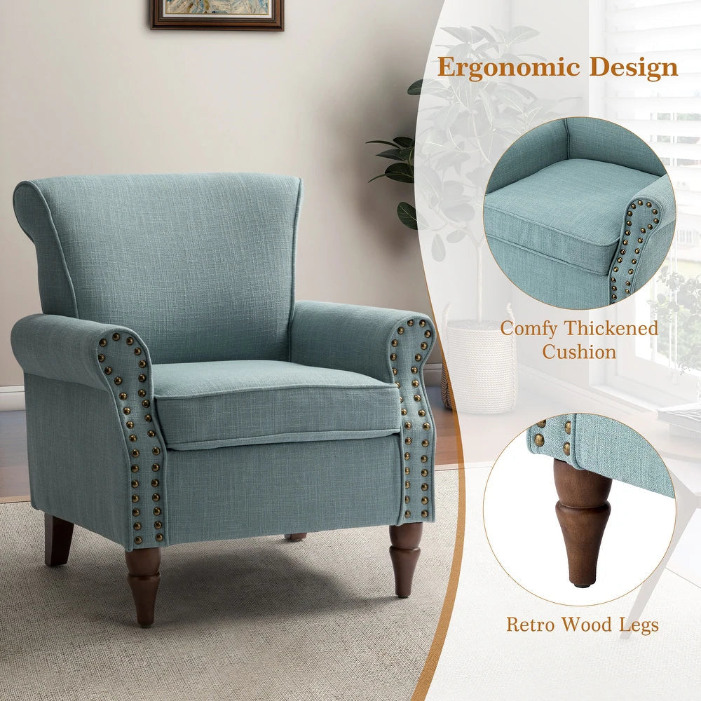 Nyctelius Upholstered Comfy Accent chair with Classic Turned Wooden Legs and Nailhead Trim