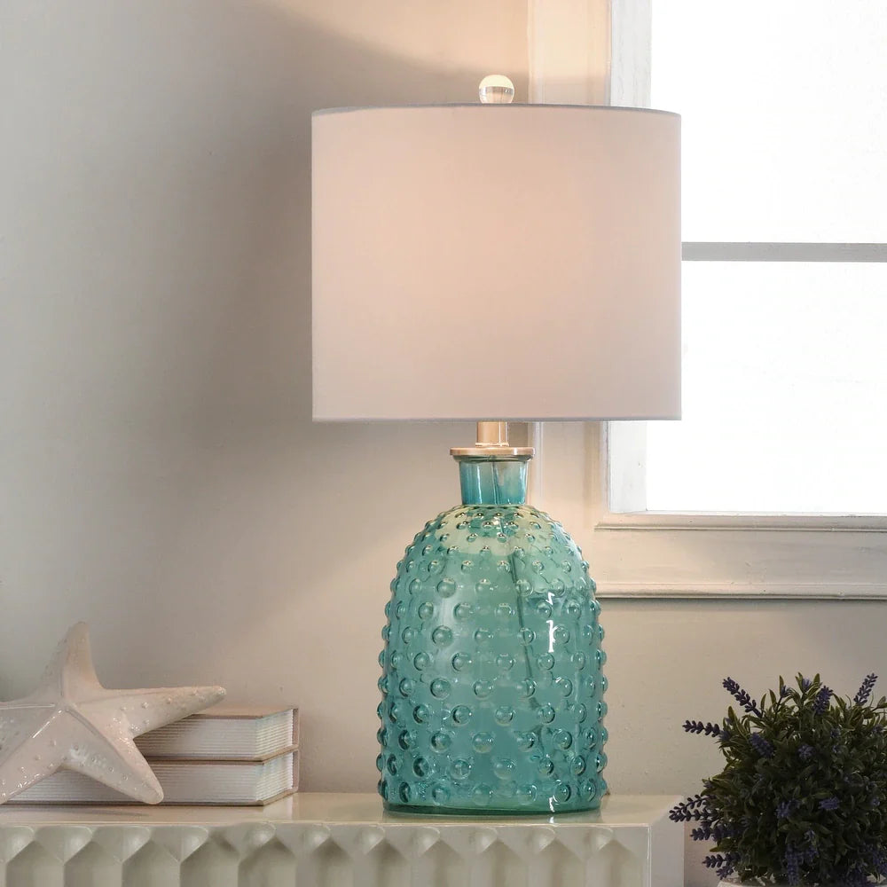 Cerulean Glass - Blistered Glass Table Lamp - White Linen Shade