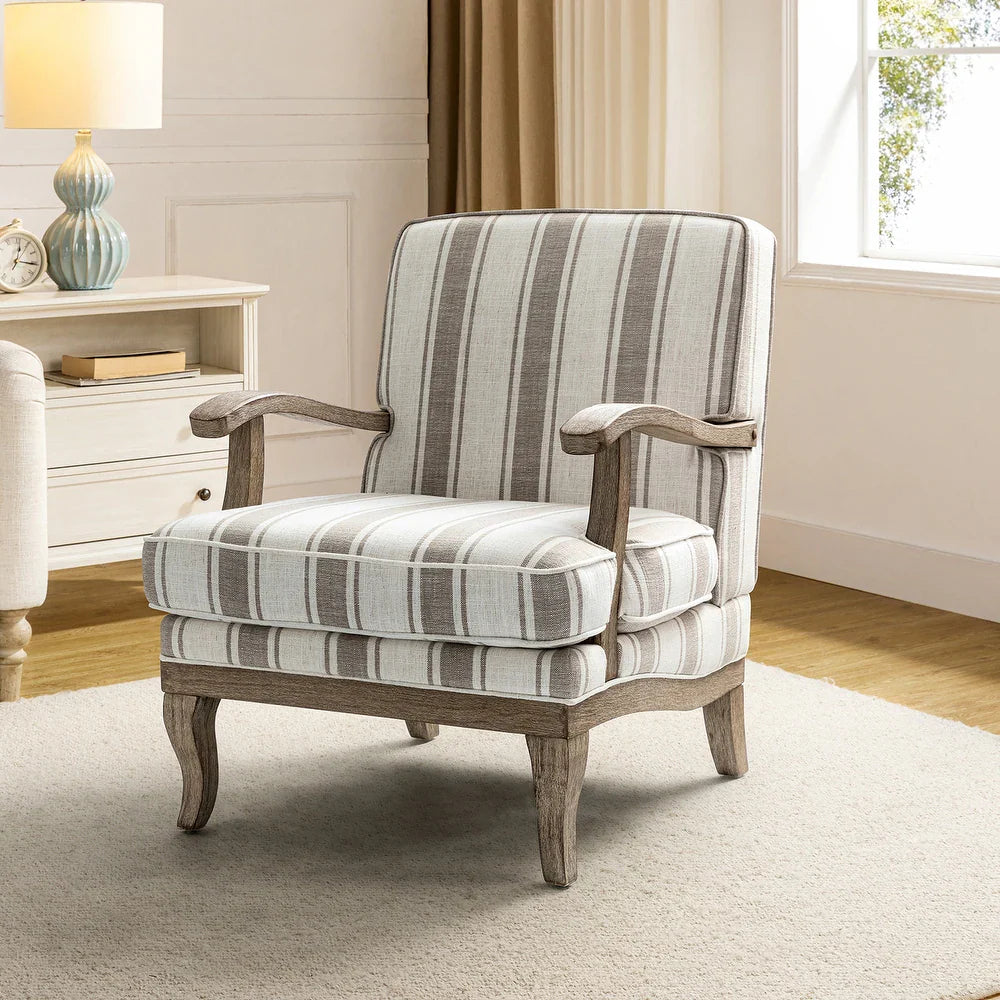 Rinaldo Farmhouse Stripe Polyester Armchair with Solid Wood