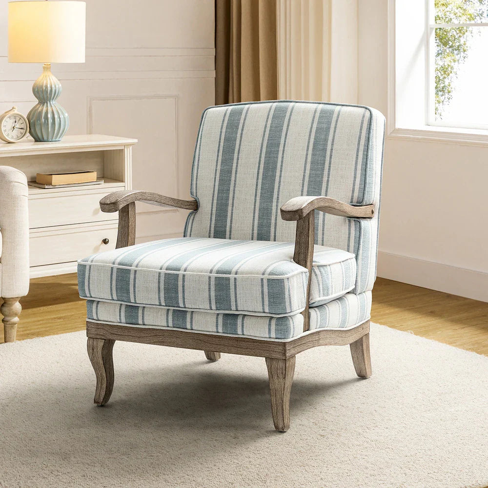 Rinaldo Farmhouse Stripe Polyester Armchair with Solid Wood