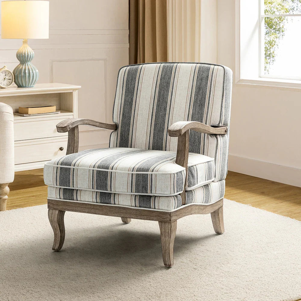 Rinaldo Farmhouse Stripe Polyester Armchair with Solid Wood