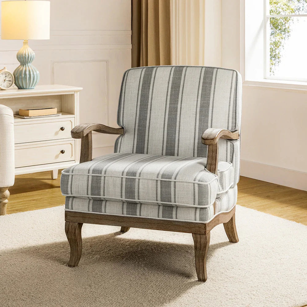 Rinaldo Farmhouse Stripe Polyester Armchair with Solid Wood
