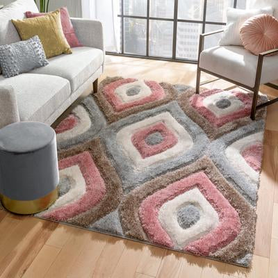 Modern Ogre Pattern Geometric Shag Brown Blush 3D Textured Thick & Soft Shag Area Rug