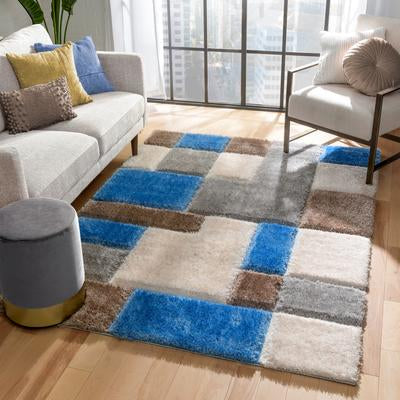 Modern Geometric Boxes Shag Light Blue 3D Textured Thick & Soft Shag Area Rug