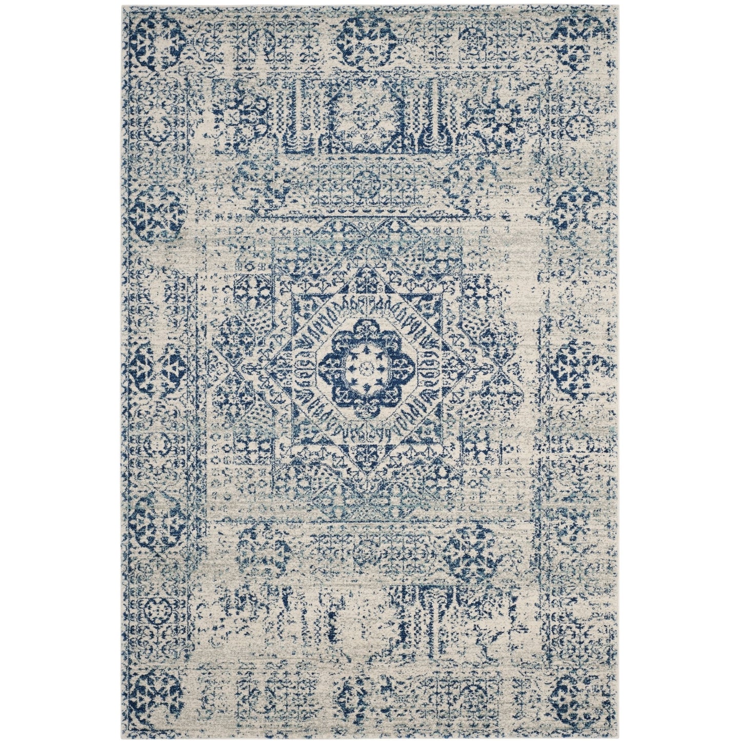 Blue Ivory Distressed Medallion Area Rug