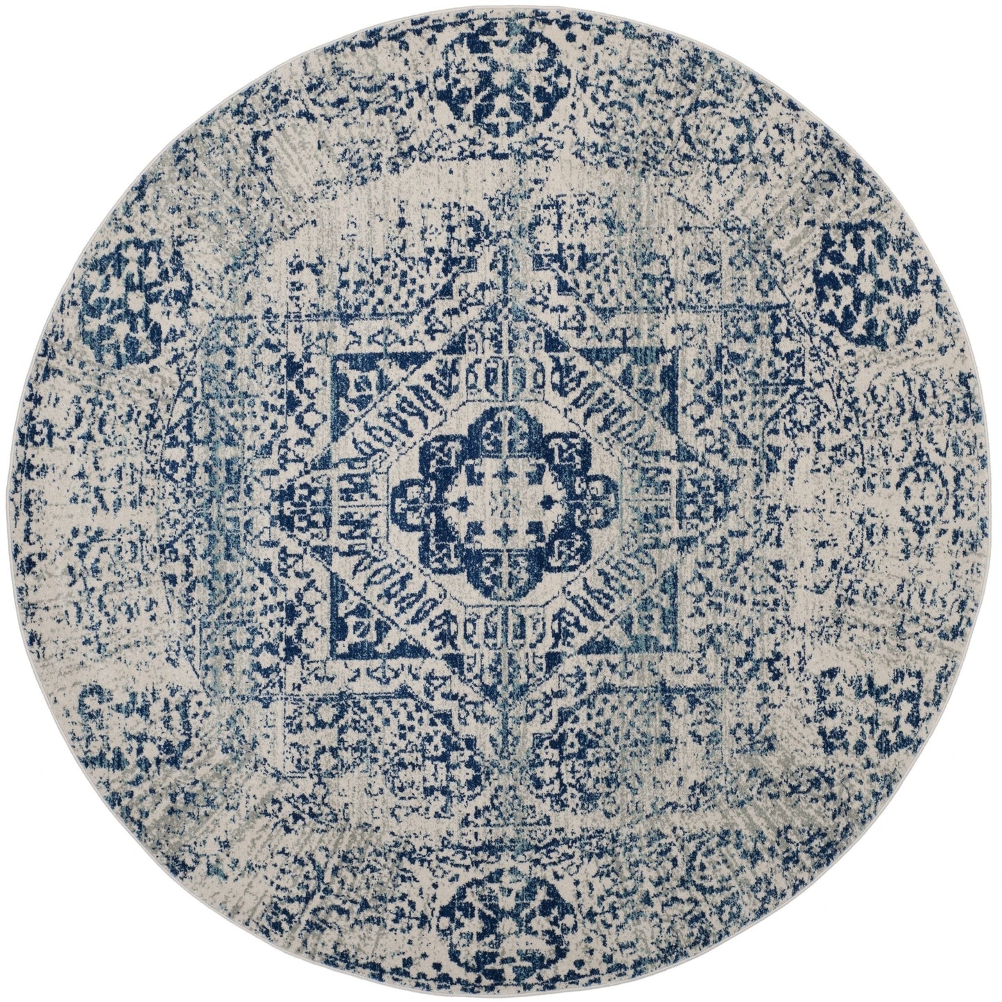 Blue Ivory Distressed Medallion Area Rug