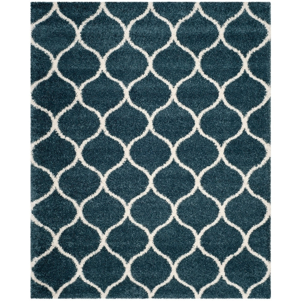 Moroccan Pattern Slate Blue Ivory Plush Shag Area Rug