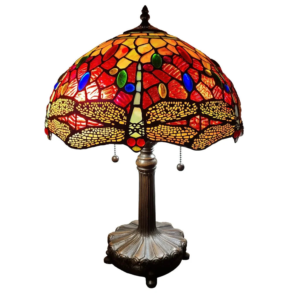 Tiffany Style Table Lamp 18.5" Tall Stained Glass Dragonfly Nightstand Bedroom Handmade