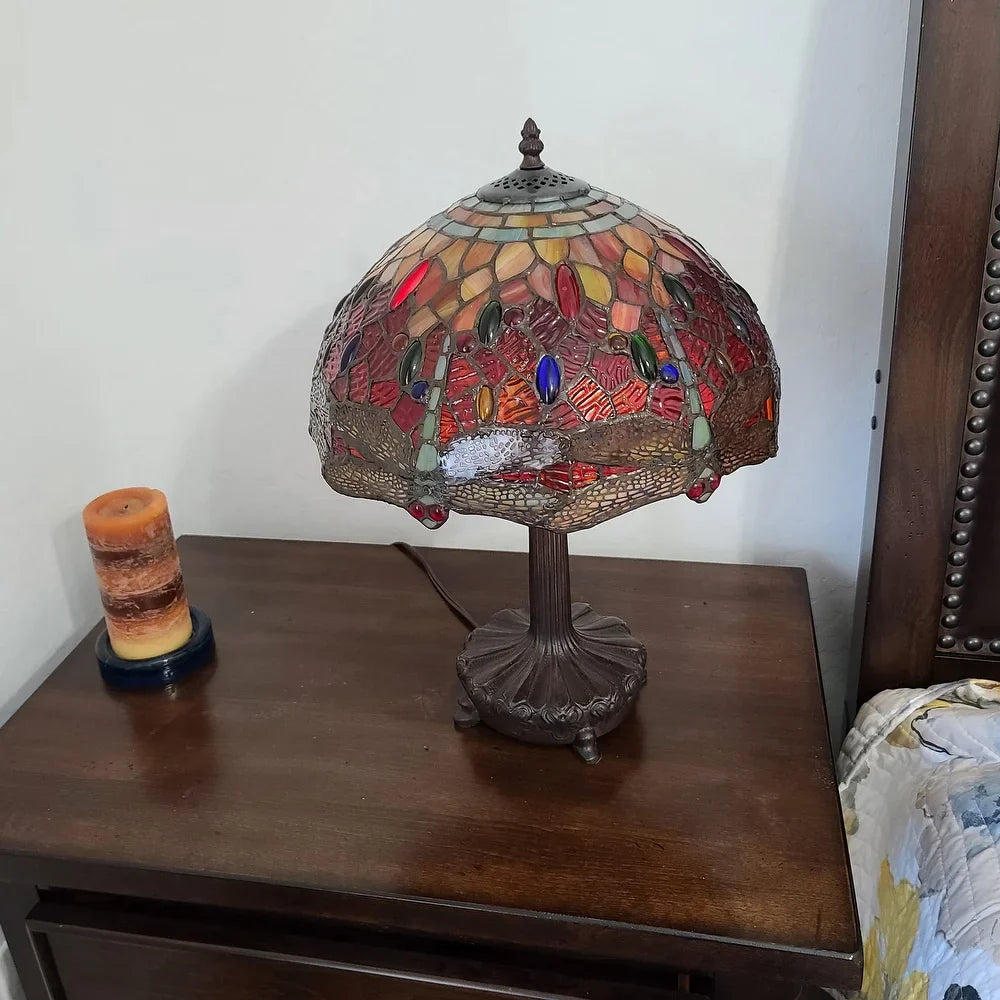 Tiffany Style Table Lamp 18.5" Tall Stained Glass Dragonfly Nightstand Bedroom Handmade