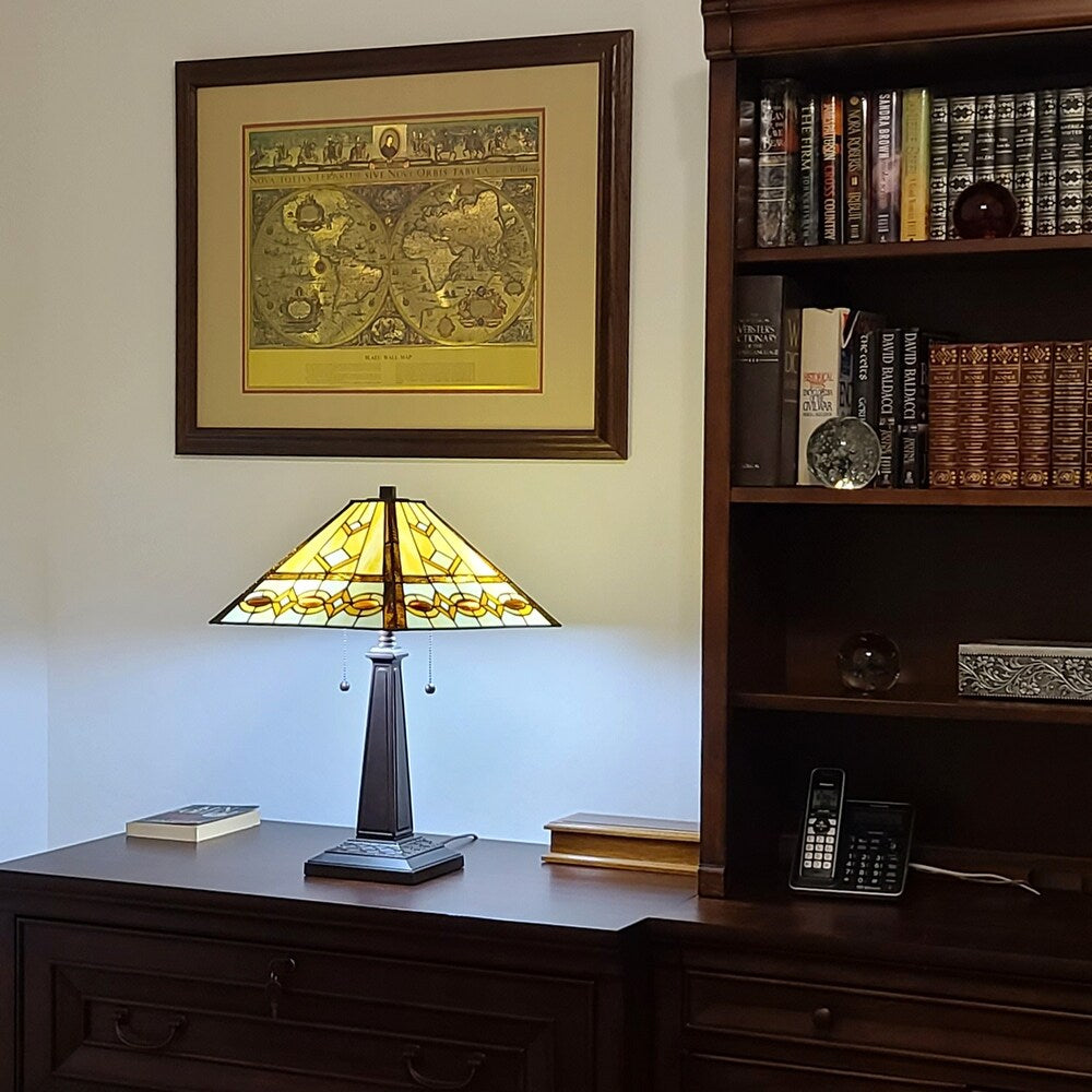Tiffany Style Table Lamp Banker Mission 22" Tall Stained Glass Ivory Brown Amora Lighting