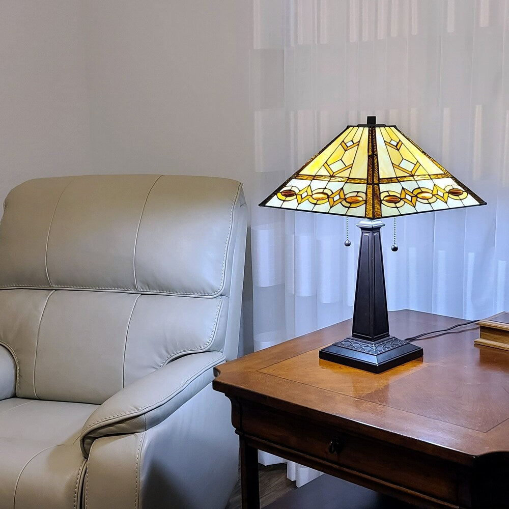 Tiffany Style Table Lamp Banker Mission 22" Tall Stained Glass Ivory Brown Amora Lighting