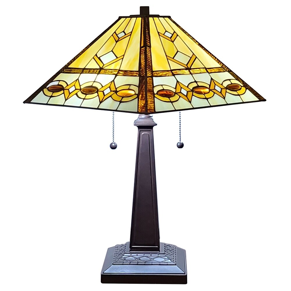 Tiffany Style Table Lamp Banker Mission 22" Tall Stained Glass Ivory Brown Amora Lighting