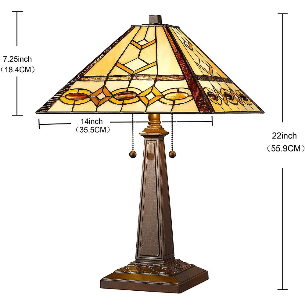 Tiffany Style Table Lamp Banker Mission 22" Tall Stained Glass Ivory Brown Amora Lighting