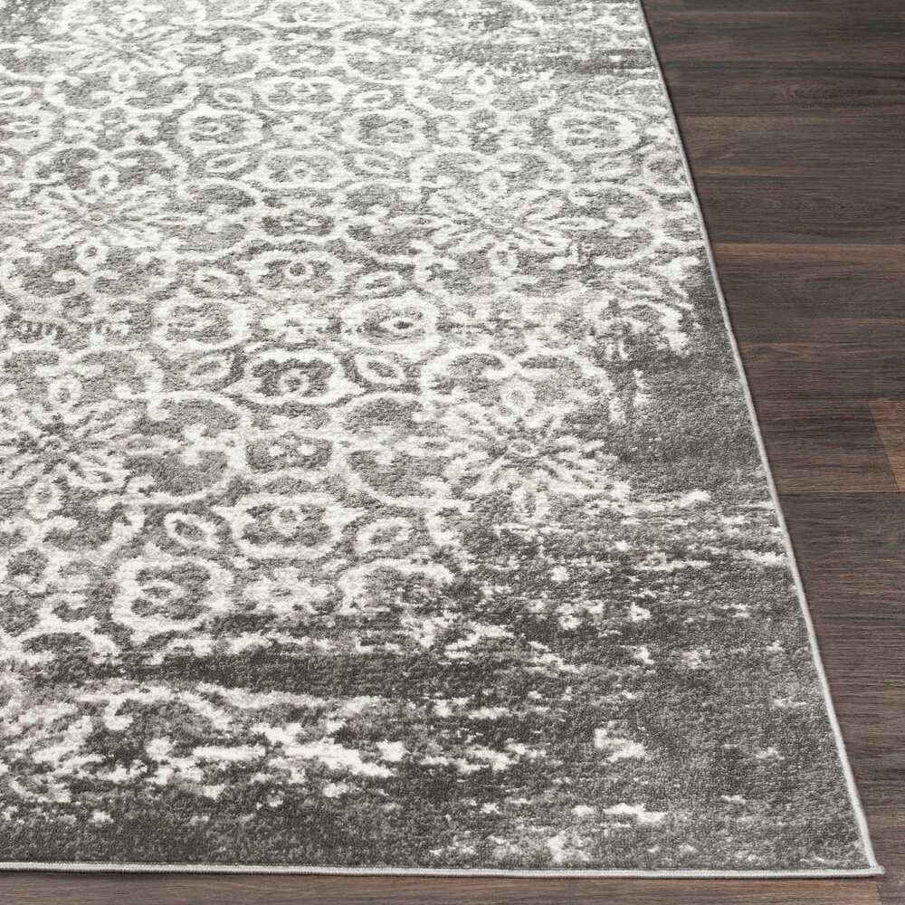 Damask Distressed Dark Grey Ivory Area Rug