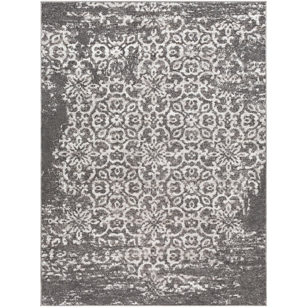 Damask Distressed Dark Grey Ivory Area Rug