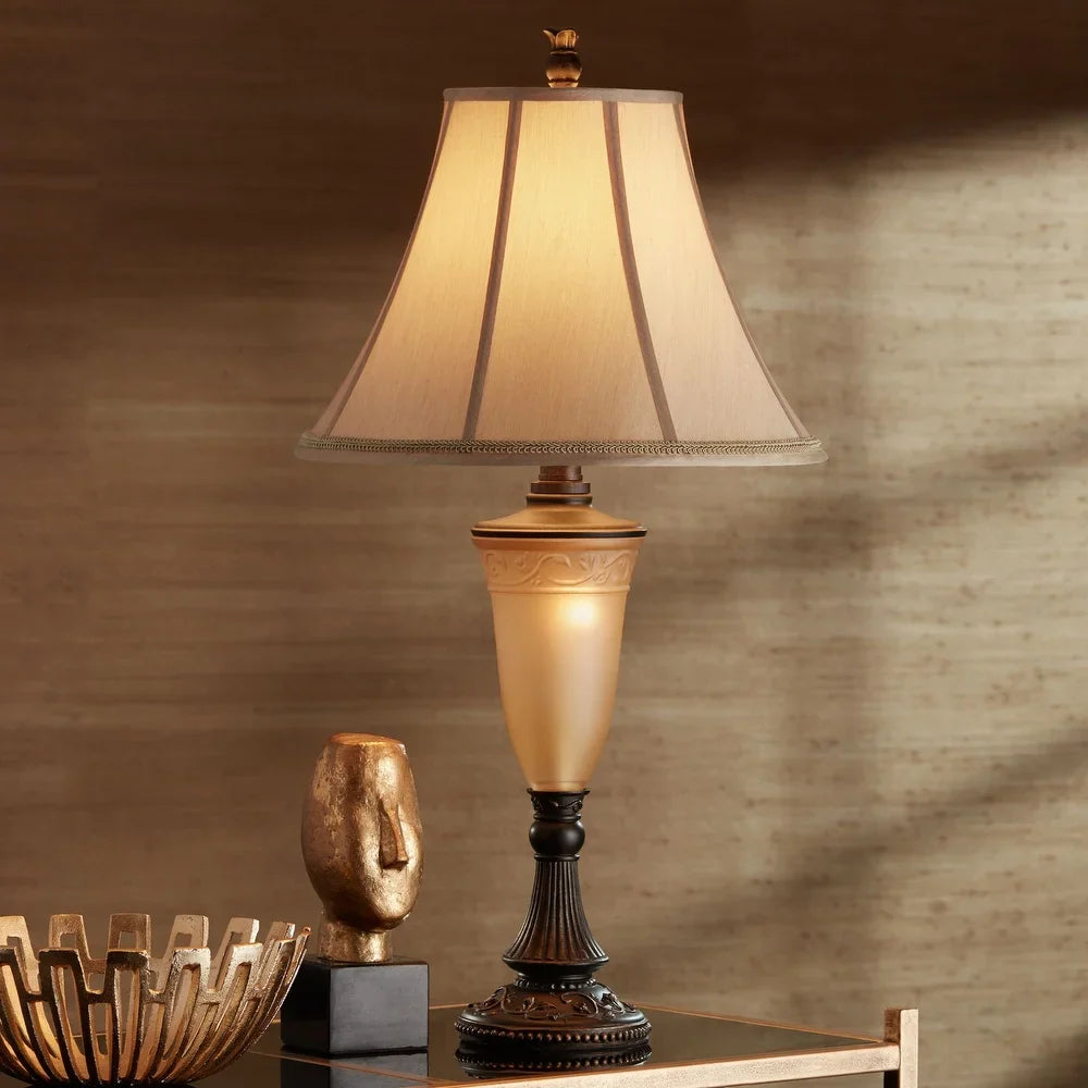 Traditional Table Lamp with Nightlight 30" Tall Antique Bronze Glass Flared Bell Shade