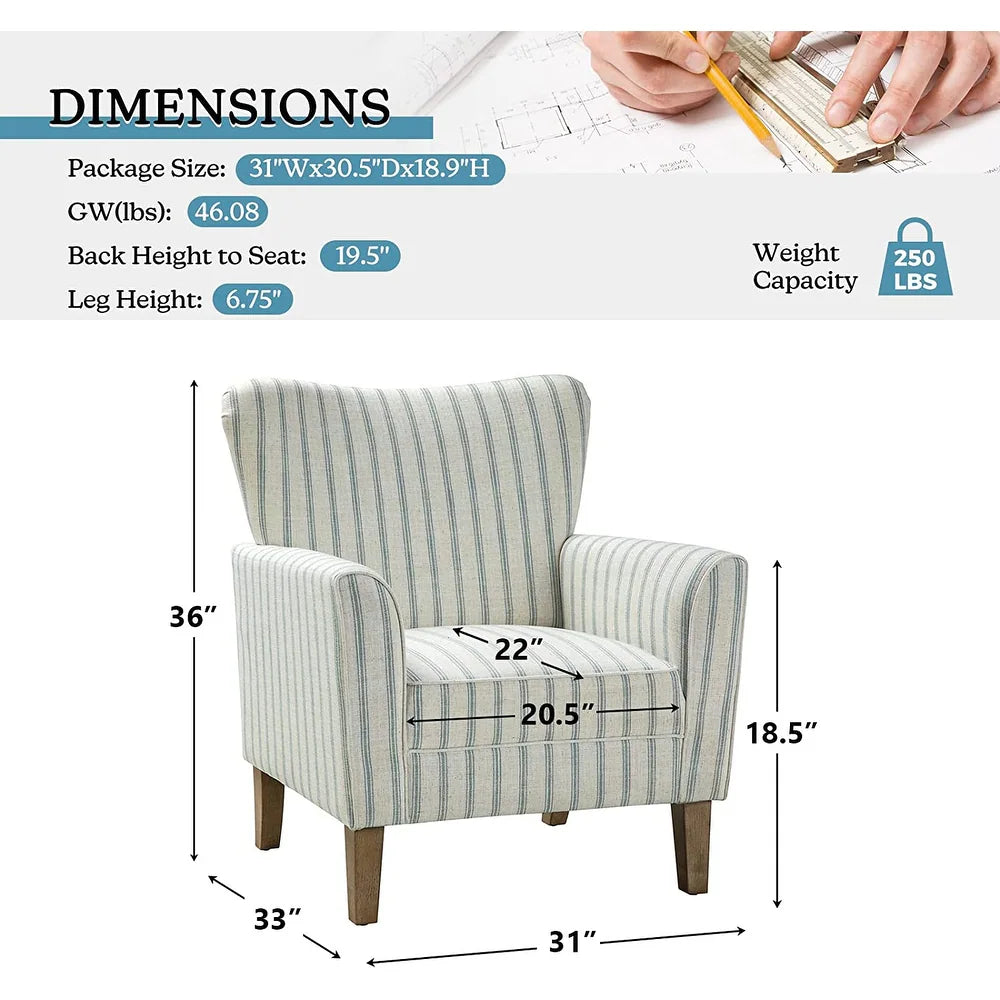 Warren Farmhouse Striped Wingback Chair with Solid Wood Legs Set of 2