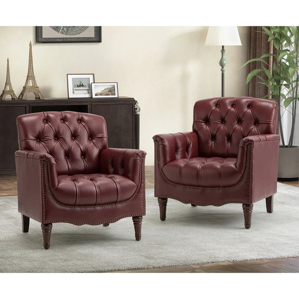 Wemer Transitional Genuine Leather Armchair with Button Tufted Back Set of 2