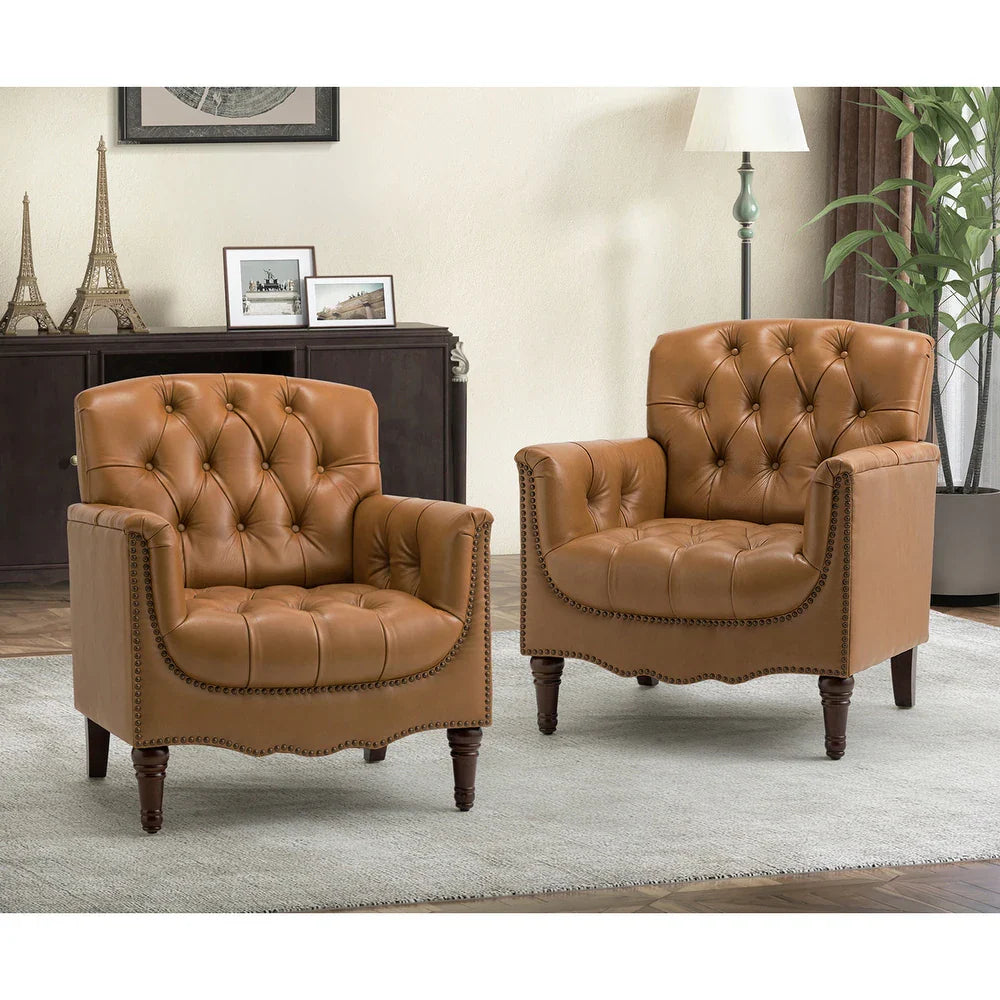 Wemer Transitional Genuine Leather Armchair with Button Tufted Back Set of 2