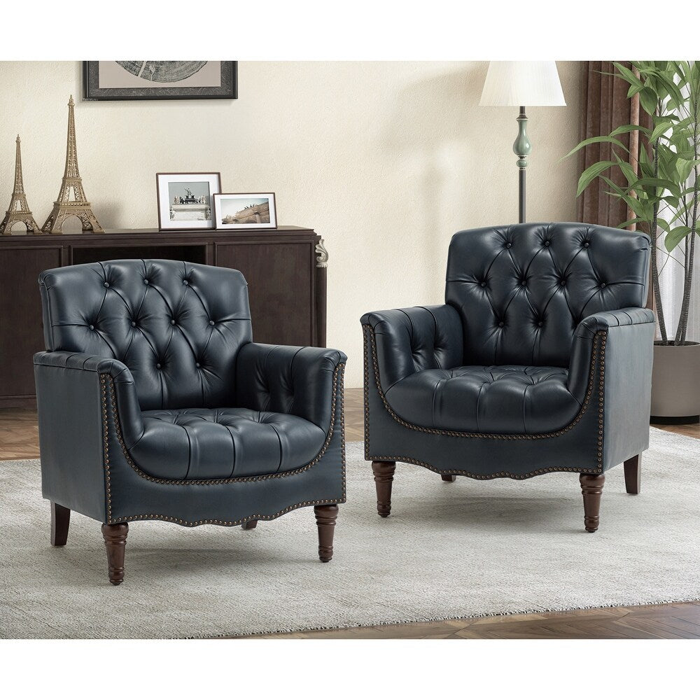 Wemer Transitional Genuine Leather Armchair with Button Tufted Back Set of 2